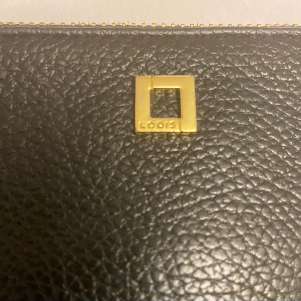 LODIS Logo Pebble Black Leather Zipper Wristlet Clutch with Gold Accents. - Picture 2 of 8